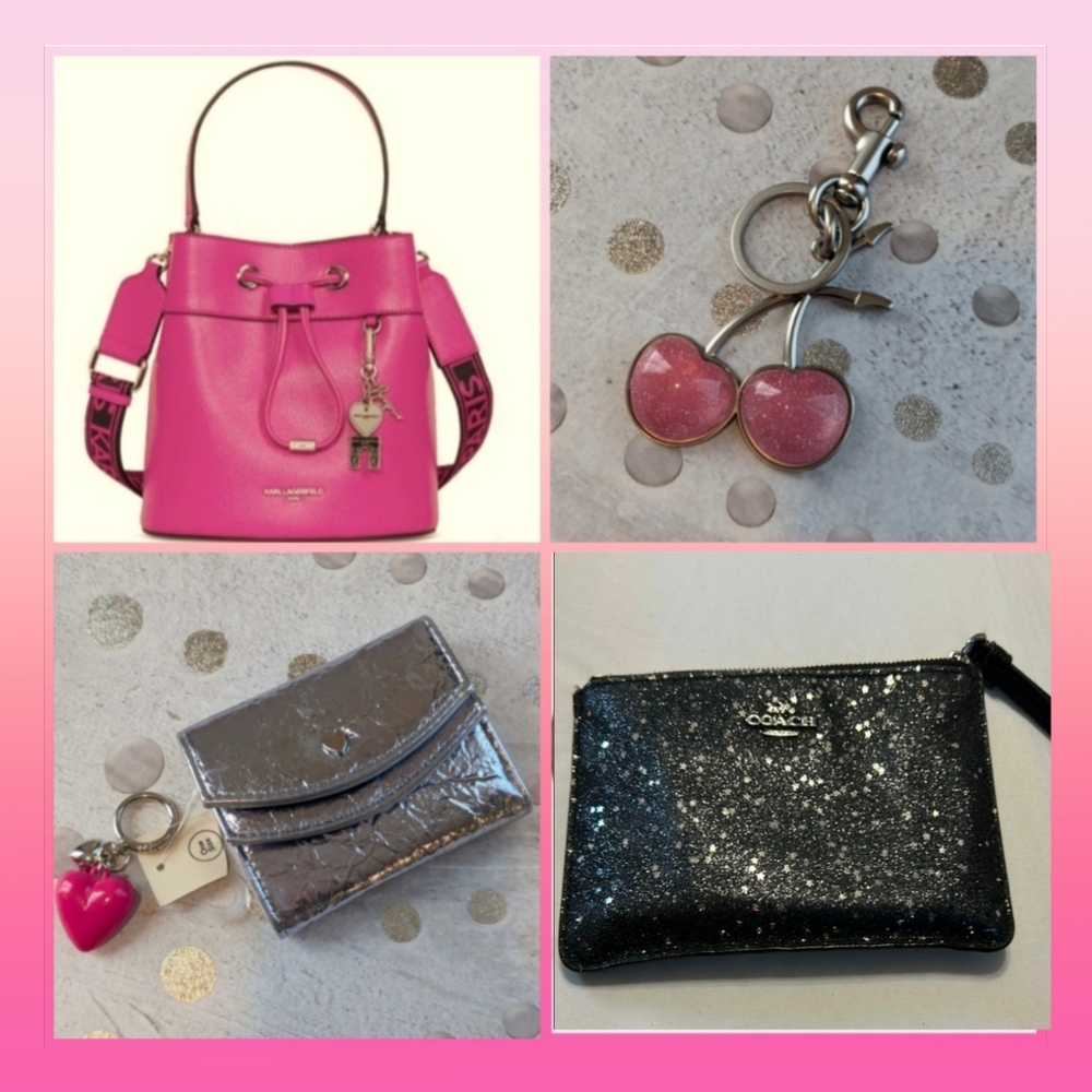 4pc Karl Lagerfeld Paris Adele Drawstring Bucket Bag/Coach Wristlet/Bag Charm🍒